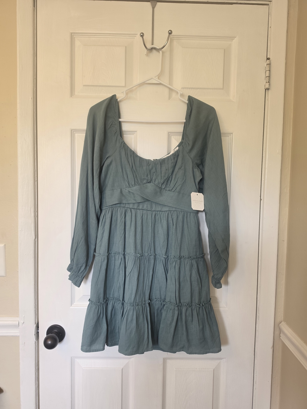 Altar'd State Sage Green Tiered Mini Dress with Scoop Neck Sz M NWT